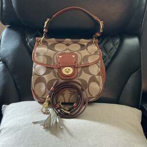 Coach Signature Monogram Canvas Handbag with Leather Trim & Crossbody Strap